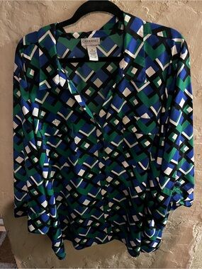 Catherines 4X Blue Green Geometric Button Front Blouse
